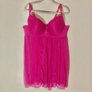 Daisy Fuentes Hot Pink/Fuchsia Underwire Sheer Lace Babydoll Chemise, Sz 2X